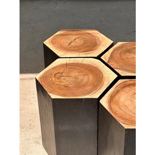 Hexagonal Stools in Two-Tone Suar, Set of 5 For Sale - Image 4 of 18