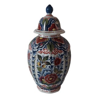 Vintage Oud Delft Colorful Art Pottery Lidded Ginger Jar For Sale