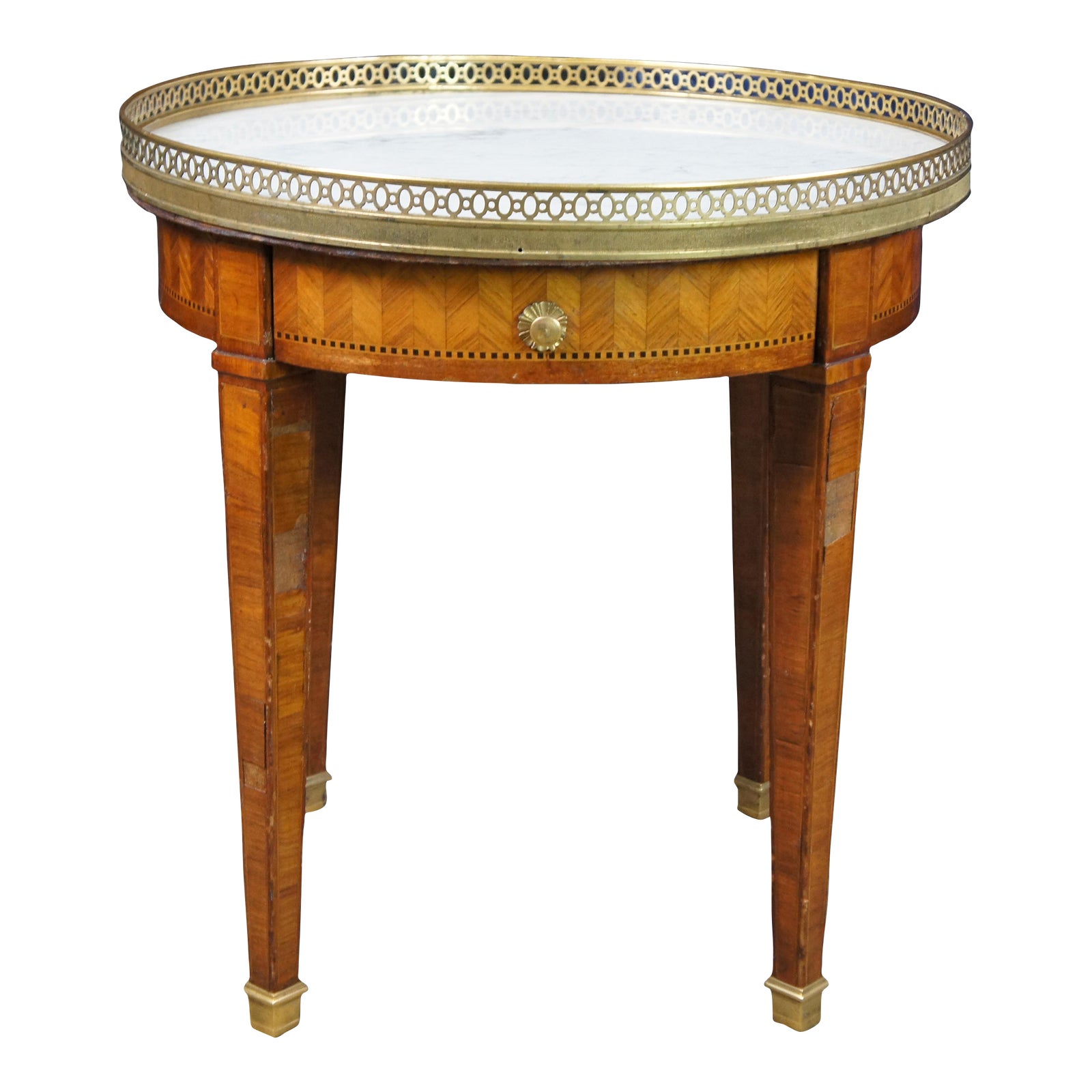 Antique French Louis XV Inlaid Walnut Marble Brass Gallery