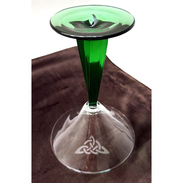 Vintage Martini/Cocktail Glasses With Etched Design and Green Stems - A Pair For Sale In Greenville, SC - Image 6 of 8