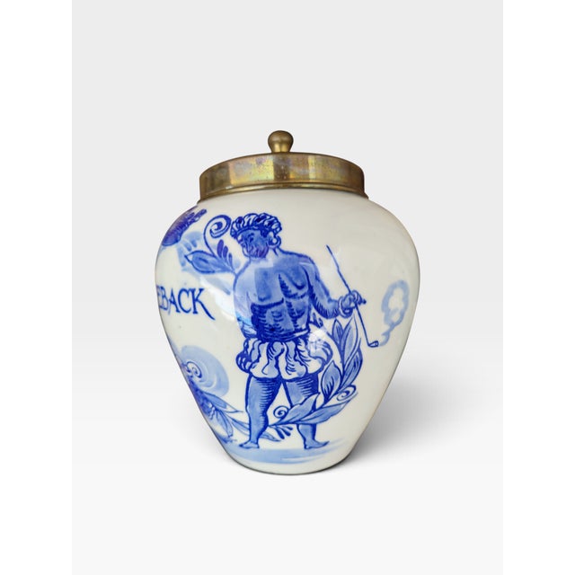 Mid-Century Dutch Hand-Painted Delft Blue Tobacco Jar with Brass Lid, Holland, 1960s For Sale - Image 6 of 17
