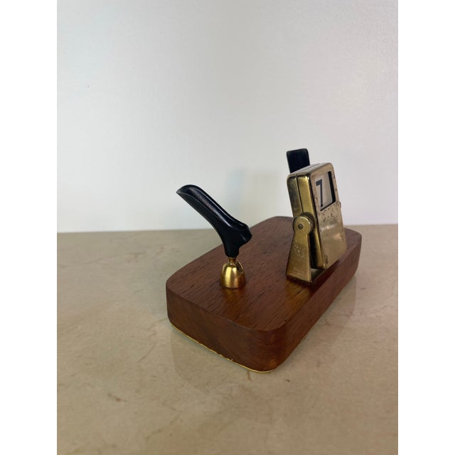 Mid-Century Brass & Walnut Perpetual Calendar Desk Set With Pen Holders For Sale - Image 4 of 8