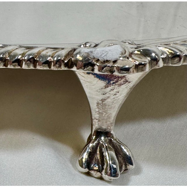 Metal Antique Frank Cobb & Co. Scalloped Edge Silver Plate Serving Tray With Ornate Rim & Falcon Talon Feet From England - Circa 1920 For Sale - Image 7 of 12