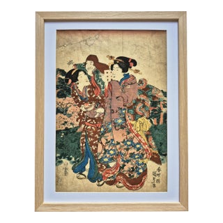 Edo Era (Ca 1840) Japanese Woodblock Print of Bijin-Ga / Geishas in Kimono by Kunisada – Newly Framed For Sale