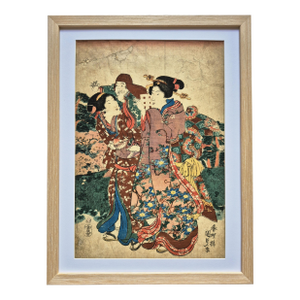 Edo Era (Ca 1840) Japanese Woodblock Print of Bijin-Ga / Geishas in Kimono by Kunisada – Newly Framed