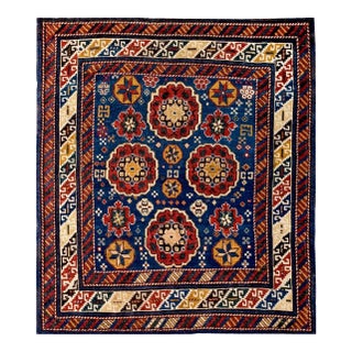 1890s Royal Blue Geometric Antique Caucasus Kuba Rug 3'2" X 3'10" Handknotted Wool Carpet For Sale