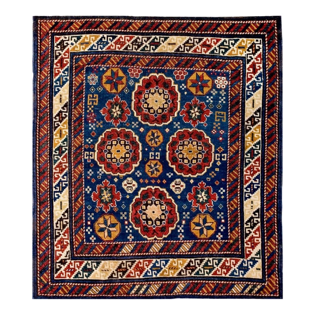 1890s Royal Blue Geometric Antique Caucasus Kuba Rug 3'2" X 3'10" Handknotted Wool Carpet For Sale