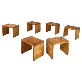 Italian Modern Squared Wooden Stools, 1970s, Set of 6 For Sale
