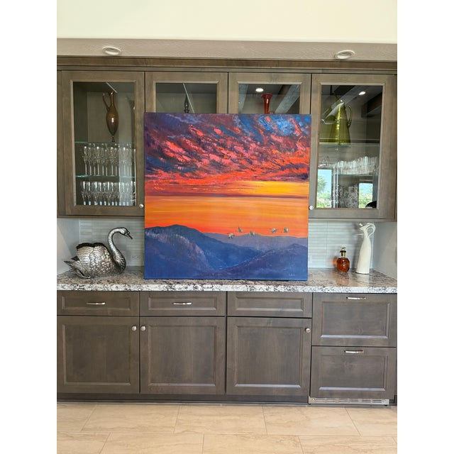 Large Contemporary Oil Painting Cranes Over Sunset 48x48” For Sale - Image 12 of 17