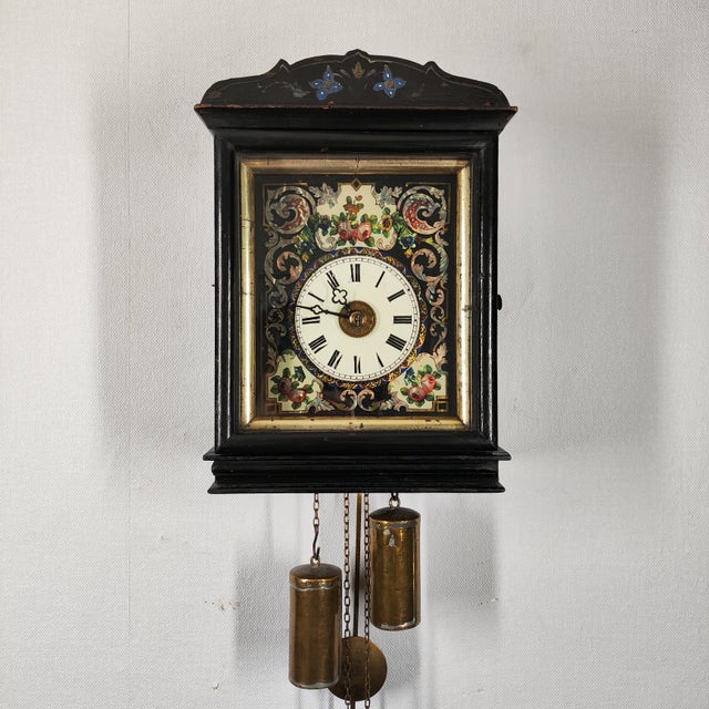 Rustic 1865 Furderer Jaegler & Cie German Wall Clock With Pendulum, Two Weights, and Mother-Of-Pearl Decoration For Sale - Image 3 of 9