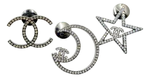 Chanel Silver CC Star Moon Crystal 3 Pins Brooch
