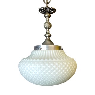 Art Nouveau Style White Opaline Glass and Brass Chandelier, 1960s For Sale