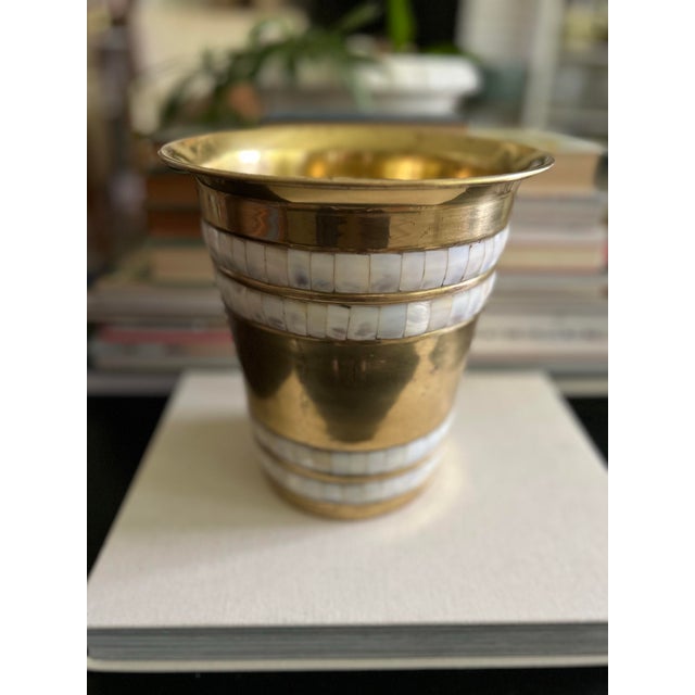 Vintage Brass Wastebasket With Mother-of-Pearl Inlay For Sale - Image 4 of 10