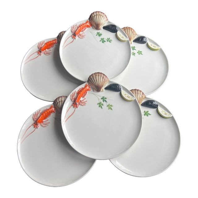 Vintage Italian Ceramic Majolica Seafood Dinner Plates- Set of 6 For Sale