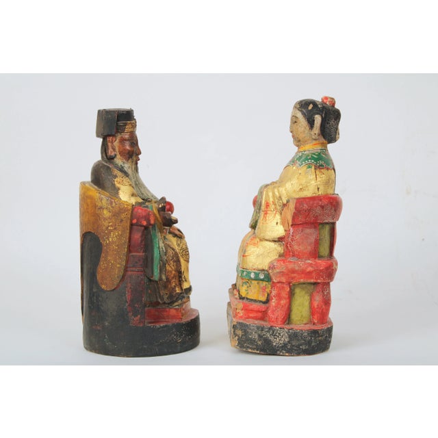 Pair of Chinese Wood Carved Polychrome and Gilt Decorated Figures For Sale - Image 4 of 12