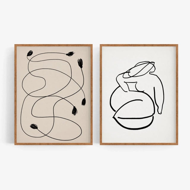 Set of 2 abstract open edition giclee prints. 20"x28" Elegant geometrical lines on beige and female figure drawing....