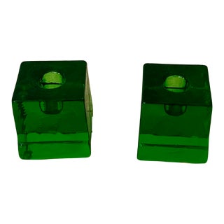 Modern Small Green Glass Block Candlesticks - a Pair For Sale