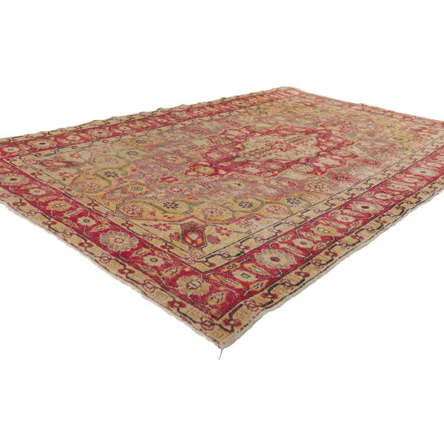 73906 Rustic Vintage Turkish Sivas Rug, 04'05 x 06'11. Rendered in variegated shades of red, purple, gold, tan, beige, and...