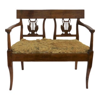 19th Century French Small Fruitwood Window Seat Bench Settee with Drop in Seat Swan Liar Back Splat For Sale