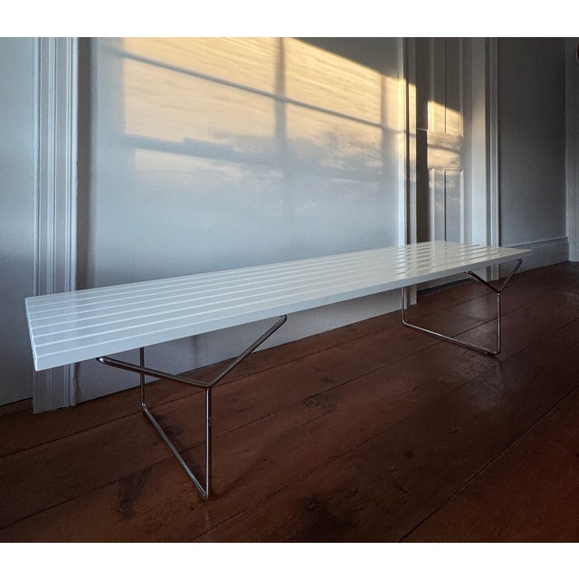 Mid-Century Modern Bertoia Bench by Knoll, White Painted Wood Slat Top, Chrome Base For Sale - Image 3 of 8