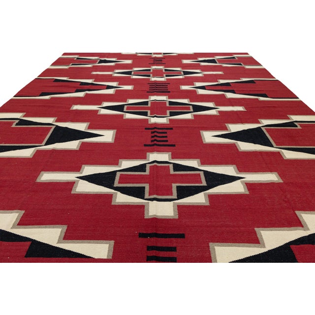 Modern Navajo Style Southwest Wool Rug - Crimson Red & Geometric Diamond Motif For Sale In New York - Image 6 of 12
