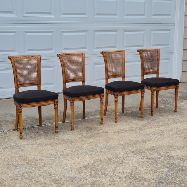 c.1940s Directoire Neoclassical French Regency Fruitwood Cane Back Dining Chairs, Set of 4 For Sale - Image 17 of 17