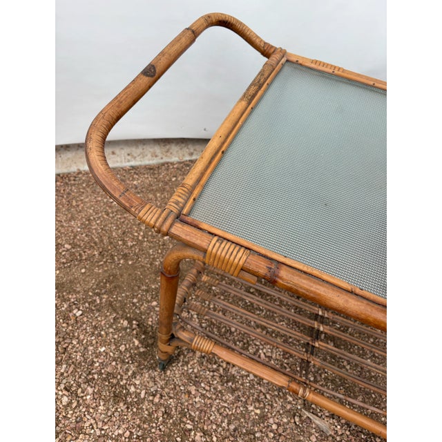 1950s 1950s Italian Mid-Century Glass-Top Bamboo & Rattan Bar Cart in the Style of Franco Albini For Sale - Image 5 of 5