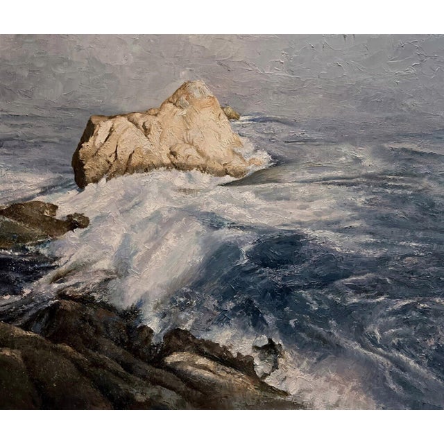 The painting depicts a rugged coastal scene, with a solitary rock rising from tumultuous waves that crash against dark,...