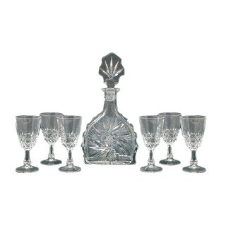Italian Crystal Decanter and Glasses Set, Set of 7 For Sale