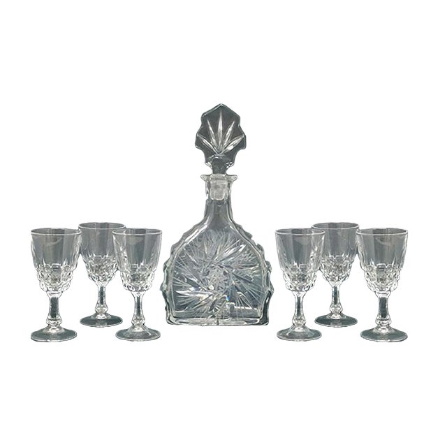 Italian Crystal Decanter and Glasses Set, Set of 7 For Sale