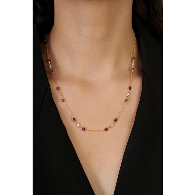 Art Deco 3.95ct Pure Red Ruby Vintage Station Chain Necklace With Diamonds in 14k Yellow Gold For Sale - Image 3 of 14