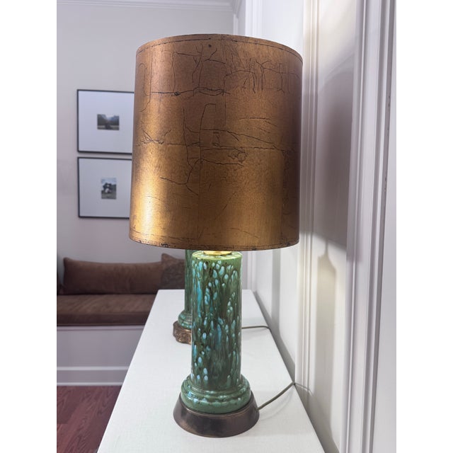 Mid 20th Century Vintage Mid Century Hollywood Regency Drip Glaze Ceramic Aqua, Brass & Gold Leaf Shaded Table Lamps, a Pair For Sale - Image 5 of 18