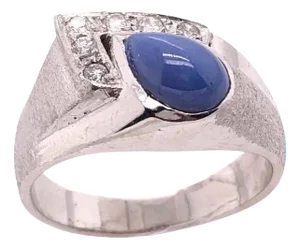 14 Karat White Gold With Teardrop Sapphire Cabochon Ring With Diamond Accents