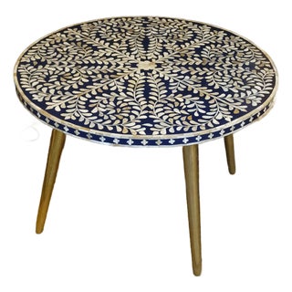 Mid Century Blue Lacquer Table With Inlaid Mother of Pearl Design and Solid Brass Legs For Sale
