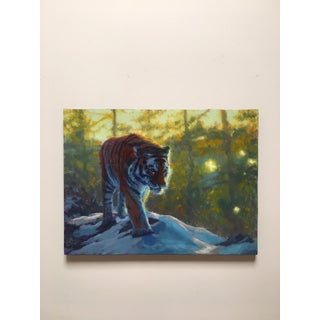 Exploring the Wild by Christopher Clark | Oil on wood panel Tiger walking in a forest setting For Sale