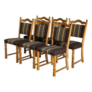 In Style of Henning Kjærnulf Oak Dining Chairs Set of 6 With Striped Upholstery 1970s For Sale