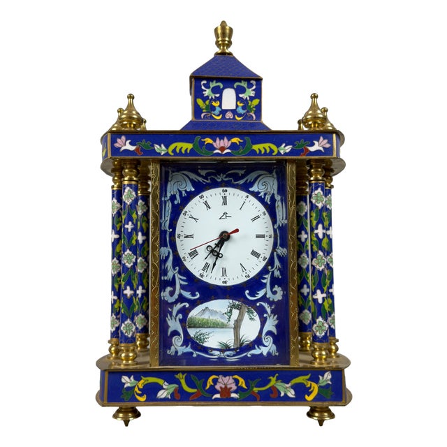 20th Century Pagoda Mechanical Table Clock with Cloisonné Enamels and Gilded Metal For Sale