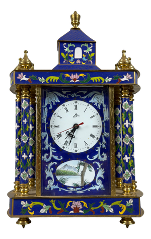 20th Century Pagoda Mechanical Table Clock with Cloisonné Enamels and Gilded Metal