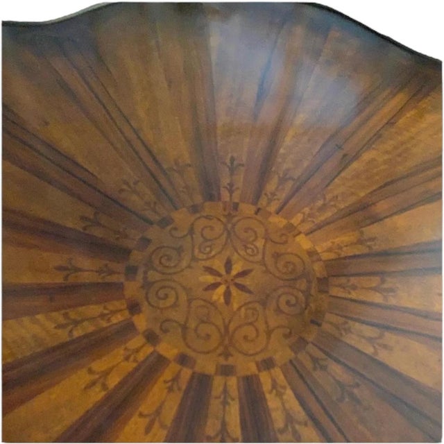 2 drawers; inlaid top & shelf; metal framed top, empire style, classic elegance. 38.5”dia. x 30”h