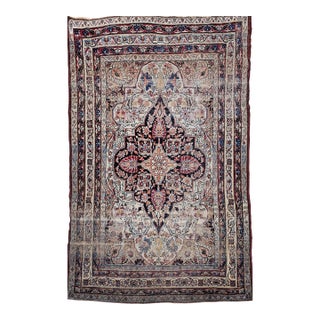 19th Century Persian Kerman Lavar Area Rug, Handwoven Floral Pattern, Ivory & Red, 5’ X 8’ For Sale