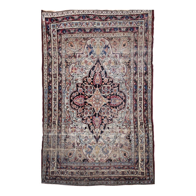 19th Century Persian Kerman Lavar Area Rug, Handwoven Floral Pattern, Ivory & Red, 5’ X 8’ For Sale