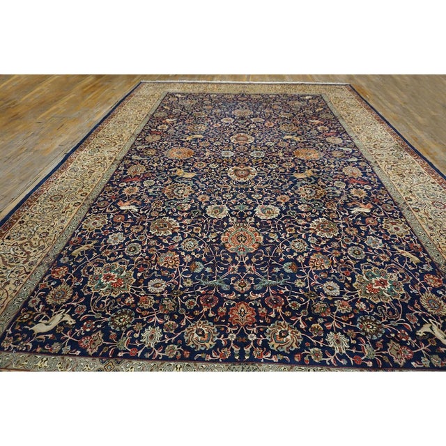 1940s Mid 20th Century Blue Navy Antique Hunting Handknotted Wool Carpet Rug For Sale In New York - Image 6 of 9