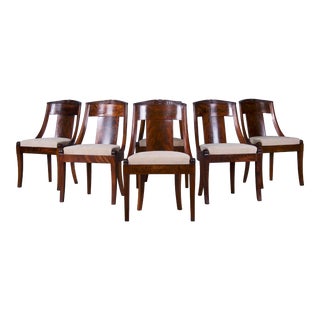 Antique French Empire Gondola Style Walnut Dining Chairs W/ Beige Chenille- Set of 6 For Sale
