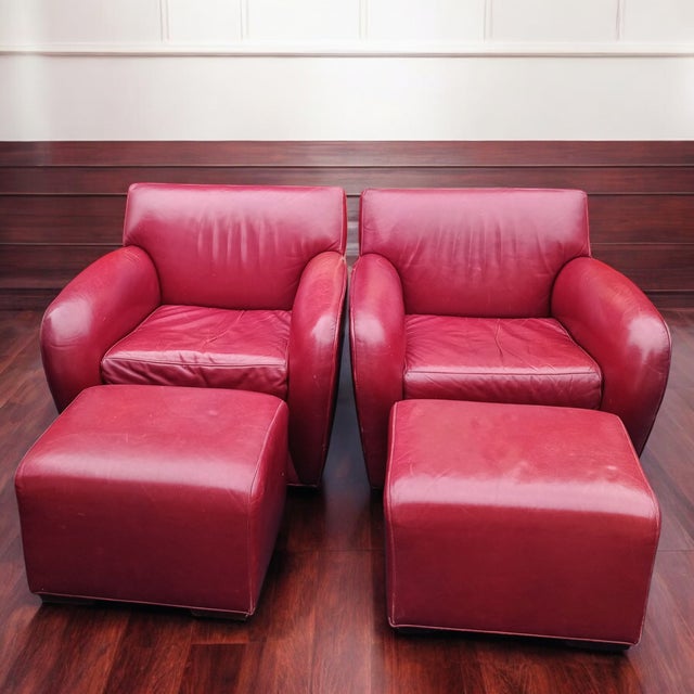 Stunning Pair of Vintage Italian Leather Club Chairs With Two Matching Ottomans by Cabot Wrenn For Sale - Image 9 of 12