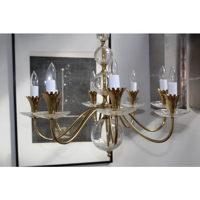 Metal 1950s Brass and Etched Glass Chandelier by Lightolier For Sale - Image 7 of 11