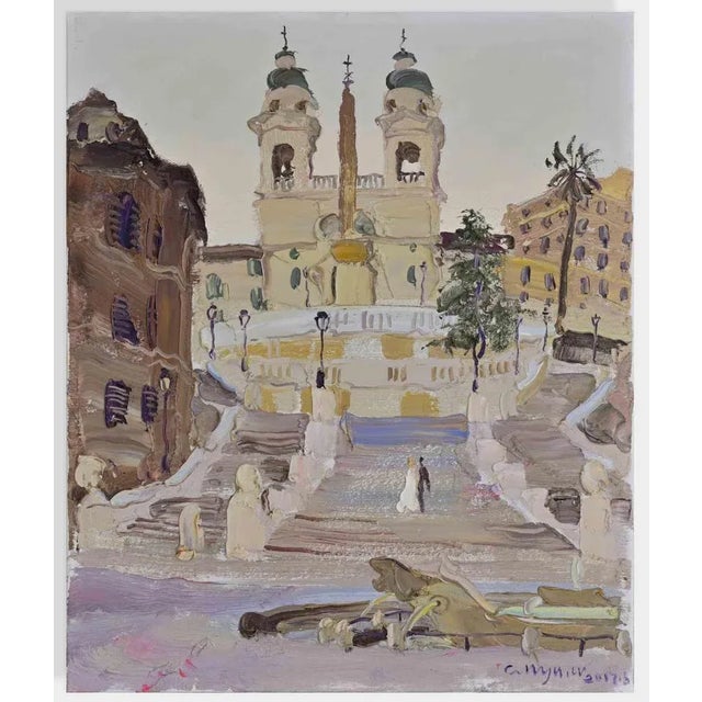 Early 21st Century Wang Cun Yu, View of the Stairs in Piazza di Spagna, Rome, 2017, Oil on Canvas For Sale - Image 5 of 5