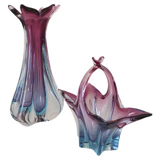 Murano Vase and Bowl with Handle, 1950s, Set of 2 For Sale