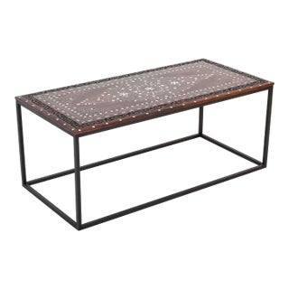 Antique Anglo Indian Coffee Table Rosewood Top With Maquetry Inlay on Custom Steel Base For Sale