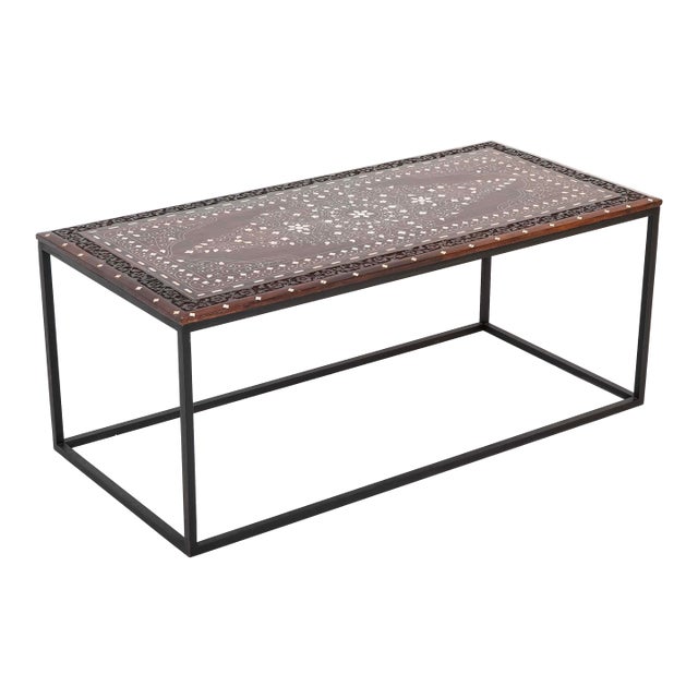 Antique Anglo Indian Coffee Table Rosewood Top With Maquetry Inlay on Custom Steel Base For Sale