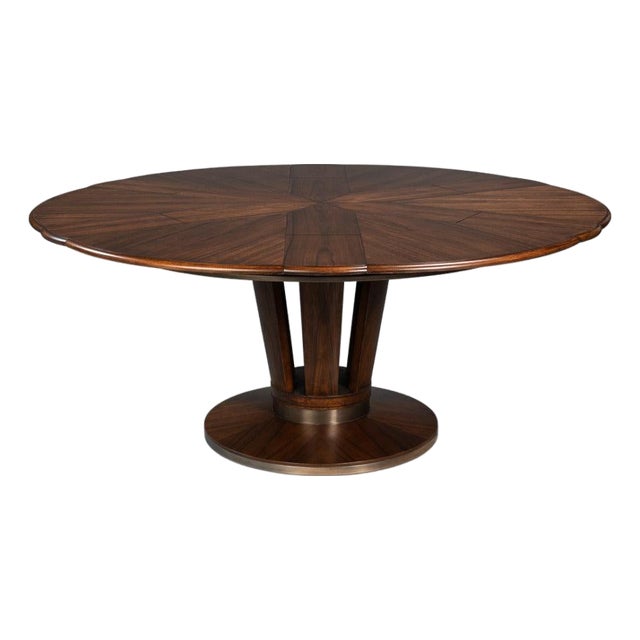 Contemporary Round Jupe Dining Table, Medium – Brown Oak with Stainless Steel Trim For Sale
